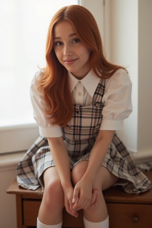 A young woman dressed in a miniature schoolgirl outfit, complete with plaid skirt, white blouse, and knee-high socks. She sits on a desk, legs crossed, hands clasped together, looking directly at the camera with a mischievous grin. Soft natural light pours through a window behind her, illuminating her bright red hair.,Ariana Grande