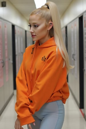 Ariana Grande(arianagrande) modern girl, high resolution, sexy and beautiful, perfect body with ideal proportions, accentuated eyes with very long eyelashes, juicy lips, perfect smile, dramatic makeup, Realism,wearing orange oversized hoodie with black ornament, sheer light blue yoga pants, sensual and elegant, unexpectable camera angle, model pose, walking confidently down school hallway, platinum hair pulled up in high ponytail wave, light eyeshadow, oiled skin, wet skin, shiny skin