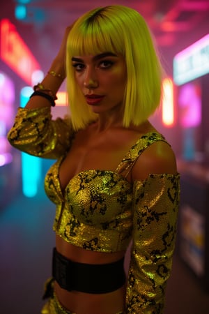 Dua lipa (DuaLipaFlux), perfectly dressed for seduction, Masterpiece, cinematic composition, sharp details, 8k, long neon yellow hair short bangs, in a neon yellow and black snake scaled baggy mini dress, Sexy pose, Set in the Cyberpunk 2077 world, neon lights in background, incredible vision of pin-up style beauty, 120mm lens, cinematic style lighting, close up details