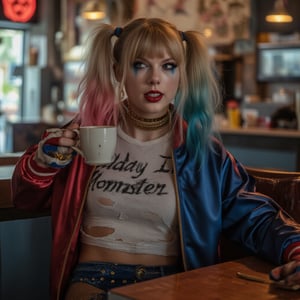 Cinematic Photography, wide shot, full body shot, panorama, 1girl, taylor swift, perfect body, skinny waist | She wears a ripped white t-shirt with "Daddy's Lil Monster" written on it. A two-toned, shiny jacket with one sleeve red and the other blue, paired with a short pair of matching blue and red shorts. Accessories include a choker necklace, studded belt, fishnet stockings, and fingerless gloves. Her face is covered with a white, almost clown-like foundation that gives her a pale, dramatic appearance, typical of Harley Quinn’s character. She has heavy, smudged eye makeup, with her left eye shaded in blue and her right eye shaded in red, creating an unbalanced yet edgy look, her makeup is slightly smeared, especially around the eyes. She wears her hair in two high pigtails, her hair is bleached blonde, but each pigtail is dyed a different color at the tips—one side is dipped in bright pink, and the other in blue. | She sits slouched in a cozy coffee shop booth, one leg propped up on the seat, sipping her coffee with a playful grin, her bright eyes scanning the room with a carefree, rebellious air, as if she's ready to stir up trouble at any moment. | Perfect dynamic composition, Perfect Realism Photography, Portrait Photography, Realistic, hyper realistic