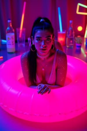 HDR of sexy babe, ((masterpiece, best quality)), A vibrant photograph featuring Dua lipa (DuaLipaFlux), with ponytail long hair. She is lying on her stomach on a bright neon pink inflatable ring, positioned centrally in the frame. Her body is slightly tilted towards the camera, creating an engaging pose. She wears a mesh-like outfit resembling fishnet fabric, form-fitting and revealing parts of her skin through its transparent design. creating a striking visual effect, The makeup is bold, with prominent eyeliner, glittery sparkles on her cheeks and lips, and shimmering face glitter that reflects the surrounding lights. Her expression is confident and alluring as she looks directly at the viewer. Glittery makeup highlights her facial features, and her cheeks are adorned with sparkling details. She accessorizes with multiple layered necklaces, including a silver chain with small beads or crystals and a longer one with larger beads or pearls, as well as large hoop earrings. The setting includes various neon accessories such as colorful sticks, cylindrical bottles, cups with straws, and other glowing elements scattered around a reflective surface, adding to the lively atmosphere. The lighting is low-key and artificial, predominantly colored in neon hues, creating an intense contrast between the illuminated subject and the dark background. This lighting casts vibrant colors across her curvy body, highlighting its glossy texture and reflecting off her skin, which appears smooth and shiny. The overall mood of the image is edgy, modern, and glamorous, with high contrast and saturation enhancing the neon aesthetic, slr, Kodak Portra 400, Kodak ColorPlus film, Hasselblad x2d 100c, pin-up