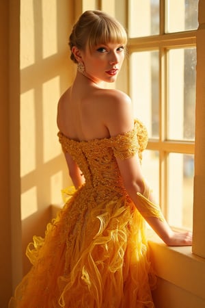 Taylor Swift, taySwift, TaylorSwiftFlux, donning a fluid, liquid-gold fantasy gown in a mesmerizing twirl pattern, poses by a sun-drenched windowsill. Her curvy figure is showcased as she leans slightly to one side, her profile defined by the gentle fold of her face and neck. The warm sunlight streaming through the window casts a flattering glow on her golden dress, illuminating its intricate textures, masterpiece, golden ratio, Intricate, High Detail, film photography, soft focus, photo by Fujifilm X-T3, 8k