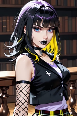 Style(best quality, ultra-detailed, vibrant colors, illustration, concept art, mythp0rt, hyper-realistic colorful sketch, f3rn4nd0);

Subject(
Appearance(1girl, cute pastel goth, black hair with yellow highlights, blue eyes, thin lips, black lipstick.) 
Clothing(fishnet sleeves, (violet short-sleeved collard shirt), (black vest), choker, ((plaid skirt)), fishnet leggings)
Stance(dynamic motion));

Background((on indoor balcony), of a (old library full of antiques));