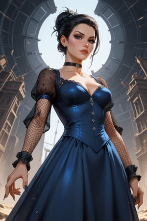 Style(steampunk, 1800's era fashion and technology, concept art, mythp0rt, hyper-realistic colorful sketch)
camera looking down at
Subject(woman, superior look, dominate, black hair, hair up, hair adornment, busterier dress, blue eyes, (dark blue) dress, fishnet sleeves, sharp painted nails, black choker, (looking at viewer))
inside of a
Background(airship control compartment interior)