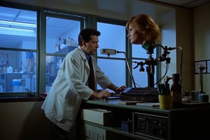 35mm film stock, 50mm f16 lens. Still image from a 1972 psychological horror film. 
The inside of a generic office building. A man in a lab coat fumbles with an incomprhensible mechanical desk-top machine. Behind him are windows looking into an enclosed laboratory, and we can see a mechanical apparatus with a hyper realistic human head with a full head of hair at the end of an appendage. The apparatus itself is an internal combustion powered analog computer to size of a filing cabinet. dramatic lighting, subtle blue cast fluorescent lighting.,deep focus style,Technicolor style