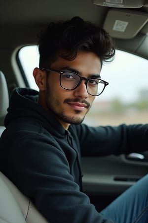 iphone photo, hyper realistic. Round facial features. 
Young man, 21 years old. He is middle eastern, stubble, bony, fade haircuit with curly top. wearing jeans and a black henley. Sleek thin Horn rimmed glasses.
We are looking through the passenger window, he is in the driver seat with his arm propped up on the steering wheel. He has a mischevous smirk. 