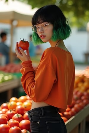 A young woman, ethnically ambiguous, has short wavy black hair, cut into a bob haircut and dyed with a neon green ombre; she is thin and bony and she dons baggy burnt orange long sleeve crop top, and high-waisted black skinny jeans. She wears feminine clear plastic glasses and has a soft, round face.
We see her from the side as she stands in front of us picking up tomatoes at a booth at an outdoor farmers market. She looks over her shoulder at us and holds up a ripe tomato