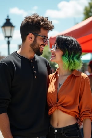 Two individuals, a young man and woman, stand together at a street vendor kiosk in the historic district's bright midday light, with scattered clouds above. The man, Middle Eastern descent, sports stubble, fade hair with a tousled curly top, and sleek glasses; he wears black henley with four unbuttoned buttons and jeans. The woman, of european-asian descent, has short wavy black hair, with bangs completely covering her forehead, and dyed with a neon green ombre; she is thin and bony and she dons  baggy crop top burnt orange button up blouse, high-waisted black skinny jeans, and she wears feminine clear plastic glasses. She has a round, soft face. The 2" round floral tattoo on her chest draws attention. As they pose together for a photo, she pushes him playfully and they laugh