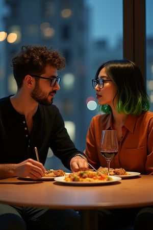 iphone photo, hyper realistic.
Young man, 21 years old. He is middle eastern, stubble, bony, fade haircuit with shaggy curly top. wearing jeans and an unbuttoned black henley. Sleek thin Horn rimmed glasses. 
A young woman sits next to him. She is 30 years old, asian, short wavy bob haircut, bangs, black hair with a neon green ombre, dark orange button-up shirt, eyeglasses with clear plastic rims. Round facial features. Pouty Lips slightly parted. Front teeth just visible. 
He is in a very chic modern kitchen. It is night time. He sets two plates of veal picatta at a round ikea dining table. Two glasses of red wine are at the table. The city lights are visible through the windows. They look amused