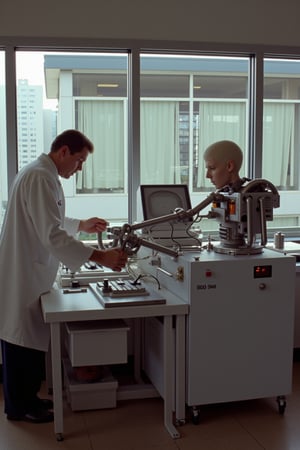 35mm film stock, 50mm f16 lens. Still image from a 1972 psychological horror film. 
The inside of a generic office building. A man in a lab coat fumbles with an incomprhensible mechanical desk-top machine. Behind him are windows looking into an enclosed laboratory, and we can see a mechanical apparatus with a hyper realistic human head with a full head of hair at the end of an appendage. The apparatus itself is an internal combustion powered analog computer to size of a filing cabinet.