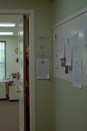 35mm film stock, 50mm f16 lens. Still image from a 1972 psychological horror film. 
The inside of a generic office. Bland notices are posed on walls. Ten feet away, a man peeks around a corner and is looking at you. Creepy and unsettling,Split Diopter,Technicolor style