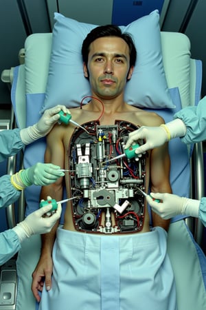 35mm film stock, 50mm f16 lens. 
Overhead view of a man on a surgical table. His small section of his chest is opened up revealing robotic machinery and wires. Sterile-clad scientists hover around him with instruments and tools. Wires are plugged into the machinery and IVs are inserted into the arms. He is anesthecized and wearing an oxygen mask.