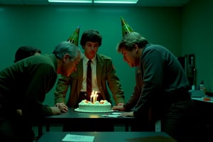 35mm film stock, 50mm f16 lens. Still image from a 1972 psychological horror film. The inside of a generic industrial building. 
Our hero, 25 years old, wearing charcoal slacks, a skinny tie, and an olive drab combat fatigue jacket, Is in the breakroom celebrating someone's birthday with a cake. They are wearing party hats. Unsettling.
Filmed from waist high, dramatic lighting, blue-green cast fluorescent lighting.,deep focus style,Technicolor style