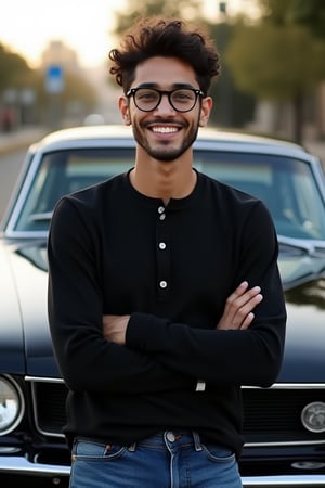 iphone photo, hyper realistic. Round facial features. 
Young man, 21 years old. He is middle eastern, stubble, bony, fade haircuit with curly top. wearing jeans and a black henley. Sleek thin Horn rimmed glasses.
He is leaning back against the hood of a classic black muscle car with his arms crossed in front of jis chest. He is facing us and smiles warmly