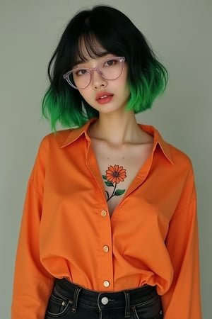 The woman, vaguely Korean, has short wavy black hair, cut into a bob haircut with solid bangs covering her forehead, and dyed with a neon green ombre; she is thin and bony. Her soft facial features, open lips, and visible front teeth add to her allure. She wears feminine clear plastic cat-eye glasses.
She has a vibrant 4" long tattoo in the center of her chest of an orange chrysanthemum on a stem with leaves.
She wears a baggy burnt orange button-up, and high-waisted black skinny jeans.