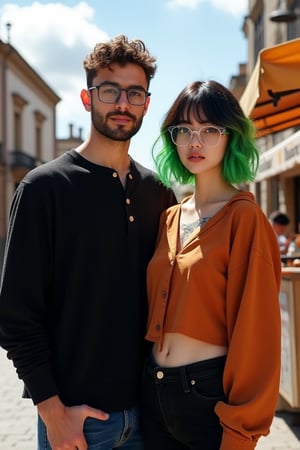 Two individuals, a young man and woman, stand together at a street vendor kiosk in the historic district's bright midday light, with scattered clouds above. The man, Middle Eastern descent, sports stubble, fade hair with a tousled curly top, and sleek glasses; he wears black henley with four unbuttoned buttons and jeans. The woman, vaguely Korean, has short wavy black hair, cut into a bob haircut with solid bangs covering her forehead, and dyed with a neon green ombre; she is thin and bony and she dons baggy burnt orange blouse, high-waisted black skinny jeans, and thick clear plastic wayfarer glasses. Her soft facial features, open lips, and visible front teeth add to her allure. The vibrant floral tattoo on her chest draws attention. They pose together, hands at their sides, as if waiting for the perfect shot, amidst the bustling street vendor scene.