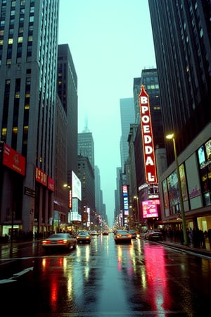 A professional photograph of a city street. 
35mm Fuji Velvia filmstock, 50mm f16 lens. 
The city has highrises and skyscrapers built in Art Deco and modern styles. It is around 7PM in autumn, and the sky is gauzy with clouds. It is raining gently. Neon signs reflect off the wet pavement, as do headlights and tailights from cars. 