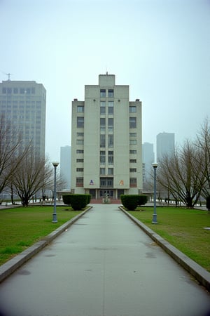 35mm Kodachrome film stock, 50mm f16 lens. An empty cement civilian walkway in the middle of a dystopian city. A Soviet-style Brutalist building stands before us about 75 feet away, a building of nonesense. The sky is a neutral gauzy gray.,RonFricke cinematic film style. Light drizzling rain. Depressing