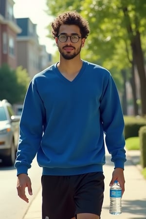 35mm kodachrome film stock, 50mm f16 lens. hyper realistic. Round facial features. 
Young man, 21 years old. He is middle eastern, stubble, bony, fade haircuit with curly top. wearing short black athletic shorts and a royal blue vneck sweatshirt. Sleek thin Horn rimmed glasses. Carrying a water bottle in one hand. 
He is walking down the sidewalk of his neighborhood. 100 year old urban Townhomes run the length of the street, and trees and greenery dot the sidewalk. Midday in the spring