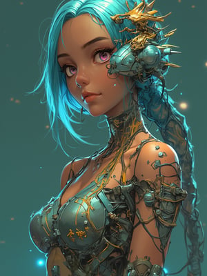 

A futuristic cyberpunk-inspired female character, positioned at a 3/4 angle, her rich brown skin seamlessly merging with intricate mechanical and technological implants. Her head is adorned with a complex headpiece made of wires, circuits, and metallic components, with a small, dragon-like creature perched on top. Aqua blue hair flows from beneath the machinery, partially fused with cybernetic elements, cascading gently over her shoulder. Her face, youthful and human-like, displays a calm, slightly sideward glance, with one eye glowing a soft pink and the other reflecting a deep blue. Visible tattoos in Japanese or Chinese characters decorate her neck and upper arm, blending with the exposed technology on her body. The character’s biomechanical modifications extend across her shoulders and down her back, showcasing intricate wiring and metallic parts. The overall style combines futuristic cyberpunk, anime, and sci-fi aesthetics, emphasizing the harmony between organic and mechanical elements in a dystopian world.



,shading lineart, shading, lineart, 2.5D, illustration, portrait, closeup, Score_9, Score_8_up, Score_7_up, behance work, intricate, vibrant color, High quality, 8k hd, best quality, detailed skin texture, complicated, 8k ultra hd, high resolution, high definition, excellent quality, stunning image, volumetric lighting, detail quality Enhancer,Anime Style,futuremadness