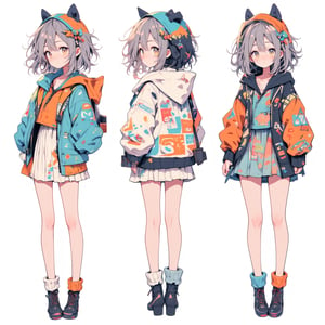 

cute anime girl design sheet  pll, full body,dal,CharacterDesignFLUX,reference sheet,white background,simple background,multiple views,upper body,front,from side,color palette reference,high_detailed