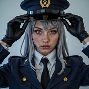 A young woman in a military uniform stands solo, looking directly at the viewer with an intense gaze. Her bangs frame her face, and her shirt is covered by a jacket with long sleeves. Her eyes glow red as she wears black gloves and a necktie, adding to the mysterious atmosphere. White and grey hair peeks out from under her hat, which matches the color of her military uniform. The framing of the shot focuses on her upper body, drawing attention to her closed mouth and piercing gaze.