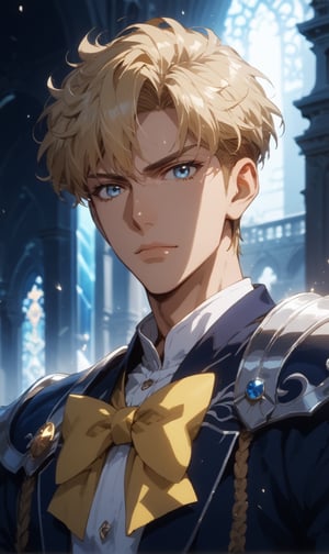 score_9, score_8_up, score_7_up, score_6_up, score_5_up, masterpiece, 1boy, solo, handsome, chiseled jawline, muscular, slim, perfect anatomy, rating_explicit, source_anime, facing directly at the viewer, Expressiveh, concept art, dark theme, BREAK, score_9, score_8_up, score_7_up, more detail XL, outdoors, source_anime, standing, crystal palace background, 30th century, score_9, score_8_up, score_7_up, tenoh haruka, very short hair, blonde hair, blue eyes, shoulder armor, blue short, yellow bow tie