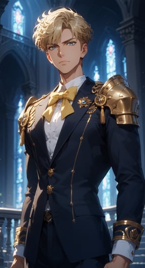 score_9, score_8_up, score_7_up, score_6_up, score_5_up, masterpiece, 1boy, solo, handsome, chiseled jawline, muscular, slim, perfect anatomy, rating_explicit, source_anime, facing directly at the viewer, Expressiveh, concept art, dark theme, BREAK, score_9, score_8_up, score_7_up, more detail XL, outdoors, source_anime, standing, crystal palace background, 30th century, score_9, score_8_up, score_7_up, tenoh haruka, very short hair, blonde hair, blue eyes, shoulder armor, blue short, yellow bow tie