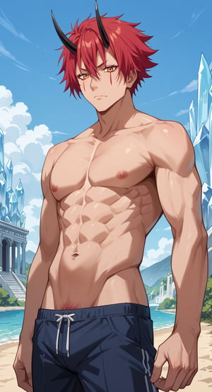 score_9, score_8_up, score_7_up, score_6_up, score_5_up, masterpiece, 1boy, solo, handsome, chiseled jawline, muscular, slim, perfect anatomy, rating_explicit, source_anime, facing directly at the viewer, Expressiveh, concept art, dark theme, BREAK, score_9, score_8_up, score_7_up, more detail XL, outdoors, source_anime, standing, crystal palace background, score_9, score_8_up, score_7_up,benimaru_tensura, red hair, yellow eyes, hair between eyes, horns, oni horns, facial mark, swimwear 