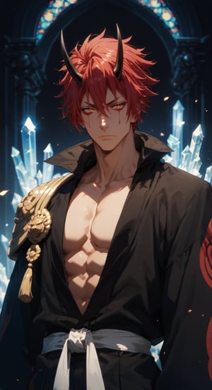 score_9, score_8_up, score_7_up, score_6_up, score_5_up, masterpiece, 1boy, solo, handsome, chiseled jawline, muscular, slim, perfect anatomy, rating_explicit, source_anime, facing directly at the viewer, Expressiveh, concept art, dark theme, BREAK, score_9, score_8_up, score_7_up, more detail XL, outdoors, source_anime, standing, crystal palace background, score_9, score_8_up, score_7_up,benimaru_tensura, red hair, yellow eyes, hair between eyes, horns, oni horns, facial mark