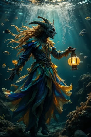 A majestic underwater scene unfolds: a 30-year-old Indian model, her golden locks flowing like seaweed, stands amidst an eerie darkness. The Jester Scarecrow's haunting mask gazes out from the shadows as she dons a shimmering Halloween costume, its iridescent scales catching the faint glow of bioluminescent fish. Her pose is statuesque, one hand grasping a glowing jellyfish-like lantern, while the other cradles a delicate seahorse. The underwater elegance of this hauntingly beautiful scene is a true marvel.