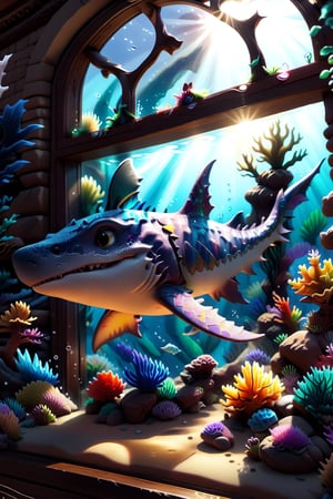 /imagine prompt: A realistic shark swimming in a vibrant aquarium, surrounded by colorful corals and tropical fish. The sunlight filters through the water, casting shimmering patterns on the aquarium glass. --ar 16:9 --v 5,disney pixar style,Disney pixar style,Dragon,DonMR31nd33rXL