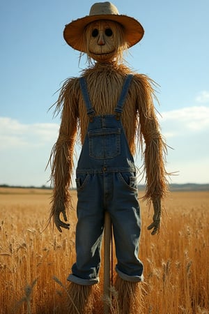 A worn, weathered scarecrow stands tall in a rustic field, its straw-stuffed body rustling gently in the breeze. The sun casts long shadows behind it, highlighting its precarious balance amidst a tapestry of golden wheat and deep blue sky. A faded straw hat sits atop its head, and tattered overalls drape down to its knees, giving off an air of abandonment and quiet vigilance.