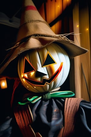 A close-up shot of a scarecrow's face, illuminated by a warm orange glow emanating from a lantern inside a rustic wooden hut. The scarecrow's features are smeared with vibrant Halloween makeup, including bright red lips, black eyeliner, and colorful stripes across the cheeks. The overall effect is both eerie and playful.