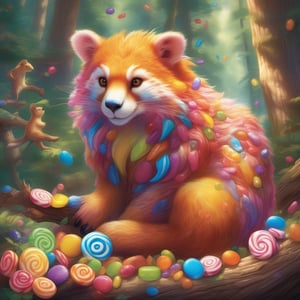 A vibrant explosion of colorful candy surrounds a majestic wild animal, its fur a mesmerizing blend of natural hues and sugary splashes. In a sun-dappled forest clearing, the creature lounges amidst twisted tree trunks, its paws delicately holding a treasure trove of gummy delights. Soft morning light filters through the foliage, casting a warm glow on the whimsical scene.