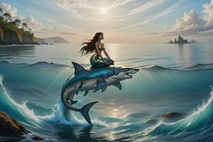 **Prompt: The Watchful Mermad Jalpari**

On a sunlit day, a mermad jalpari perches gracefully on a jagged rock, surrounded by the shimmering blue of the sea. Her iridescent tail glistens as she basks in the warmth, her long hair flowing like seaweed in the gentle breeze. Below, a sleek shark glides through the water, a silent guardian of the ocean depths.

On the sandy shore nearby, a wolf stands watch, its keen eyes scanning the horizon. The unusual pairing of the mermad and the wolf suggests an ancient bond between land and sea. 

What stories unfold in this magical setting? What secrets do the mermad and wolf share? Explore their world as they navigate the challenges of their realms, the shark lurking beneath the surface, and the bond that ties them together.,island