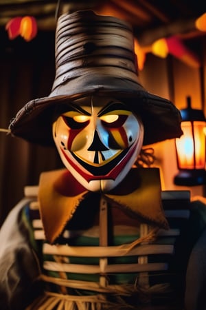 A close-up shot of a scarecrow's face, illuminated by a warm orange glow emanating from a lantern inside a rustic wooden hut. The scarecrow's features are smeared with vibrant Halloween makeup, including bright red lips, black eyeliner, and colorful stripes across the cheeks. The overall effect is both eerie and playful.