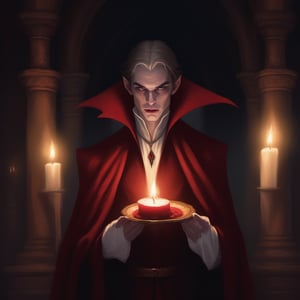 A darkened chamber lit only by flickering candles casts a eerie glow on the pale skin of a vampire's face. The subject's eyes gleam with an otherworldly intensity as they gaze longingly into the shadows. A crimson red velvet cape flows like a river behind them, framing their regal presence.