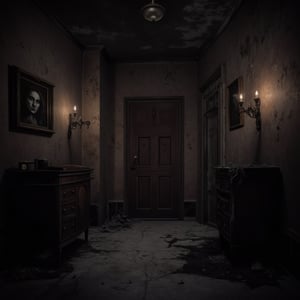 Darkness seeps through cracked walls of a dilapidated mansion, eerie shadows dancing on walls as a lone figure crouches in the corner, surrounded by cobwebs and broken furniture. Flickering candles cast an ominous glow, illuminating old portraits with malevolent eyes. The atmosphere is heavy with foreboding.,ABMhauntedVibe