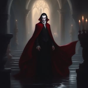 A darkened chamber lit only by flickering candles casts a eerie glow on the pale skin of a vampire's face. The subject's eyes gleam with an otherworldly intensity as they gaze longingly into the shadows. A crimson red velvet cape flows like a river behind them, framing their regal presence.