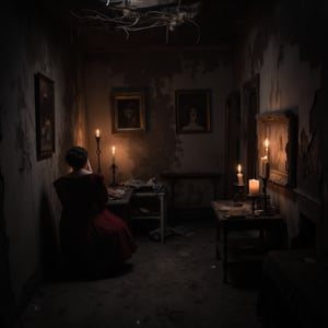 Darkness seeps through cracked walls of a dilapidated mansion, eerie shadows dancing on walls as a lone figure crouches in the corner, surrounded by cobwebs and broken furniture. Flickering candles cast an ominous glow, illuminating old portraits with malevolent eyes. The atmosphere is heavy with foreboding.,ABMhauntedVibe