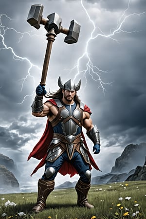 Generate an image of Thor, the Norse god of thunder. He should be depicted with long, flowing hair, wielding his iconic hammer, Mjölnir. He wears traditional Viking armor with a modern twist, showcasing his powerful physique. The background should feature a stormy sky with lightning, emphasizing his connection to thunder and battle. Capture the essence of strength and heroism.",digital art