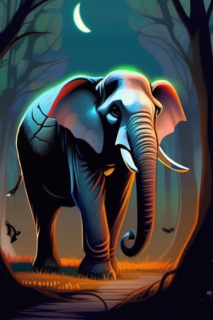 A hauntingly beautiful scene: an eerie forest at dusk, with a small wooden hut in the distance. An elephant, adorned with vibrant Halloween makeup, emerges from the shadows, its tusks and ears gleaming in the fading light. The makeup design features intricate spider webs, glowing jack-o'-lantern eyes, and a mischievous grin.