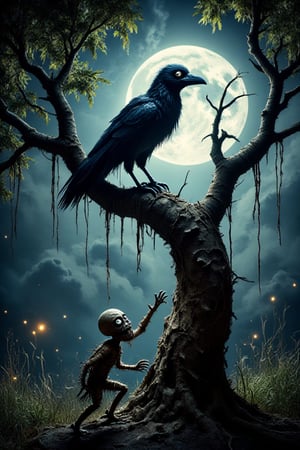 A lone, decrepit zombie crawls up a twisted, ancient tree trunk, its branches like skeletal fingers grasping towards the moon. The bird, a midnight black raven, perches atop the tree's crooked crown, watching with cold, dead eyes as the undead creature shambles closer, its rotting flesh illuminated only by the faint, eerie glow of fireflies dancing in the dark underbrush.