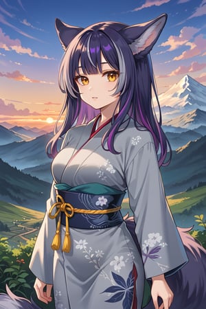 Highly detailed, high quality, art piece, beautiful, (medium close-up), 1 girl, alone, (amber eyes, waist-length hair, fluffy kitzune ears and tail, dark purple hair color with grey highlights, grey kimono with purple highlights, slightly endowed body, mountain, sunset)
