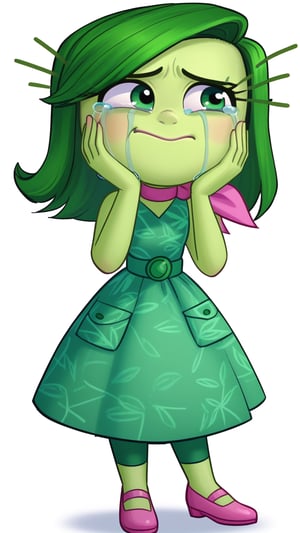 Disgust, 1girl, solo, green skin, green hair, green dress bold leaf pattern, pink polkadot, pink Flats,fullbody, light smile, white background, crying face expression, crying, tears, hands on face, front view, looking right, standing,