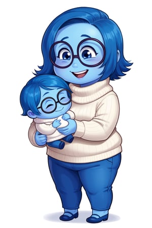 1girl, solo, Glasses, blue flats, blue skin, full body, white background, standing, blue hair, happy face expression, white turtleneck sweater,  blue pants, holding a baby,