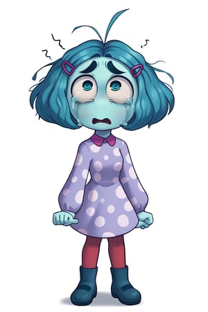 Envy, 1girl, solo, hairclip, dress, purple dress, polkadot dress, red pantyhose, pantyhose, blue footwear, scared face expression, light blue skin, fullbody,  white background, crying, standing 