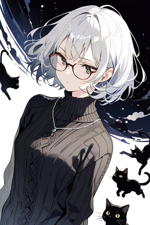 very detailed, high quality, beautiful (medium long shot), 1girl, alone, white hair, exaggeratedly short hair, black eyes, glasses, a serious look, wears a black sweater, accompanied by a black cat