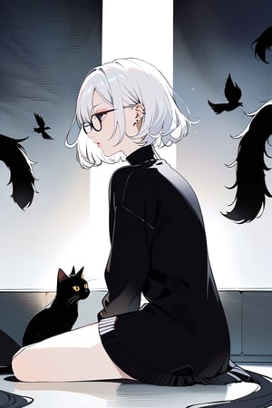 A contemplative young woman with striking white hair, styled in an exaggeratedly short bob, sits pensively amidst a dimly lit room. Her piercing black eyes are framed by sleek glasses, conveying a sense of intensity and focus. A black sweater envelops her slender figure, while a sleek black cat purrs softly at her side. The medium-long shot captures the stark beauty of her profile, as she gazes intently into the distance, lost in thought.